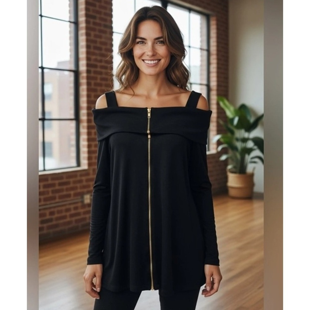 Chicos Black Whimsgoth Full Zip Cold Shoulder Top Flowy Dark Fairy Party Sz L/2